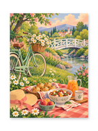 A picnic of fruit, sandwiches and a glass pitcher on a checked blanket beside a flower-lined stream and mint bicycle - paint by numbers artwork