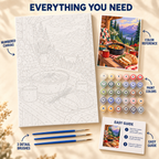 Alpine Supper paint by numbers kit showing numbered canvas, paint pots, three detail brushes, color reference and painting guide