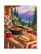A pot of hearty food, sliced bread and red mugs on a checked table overlooking a mountain lake at sunset - paint by numbers artwork