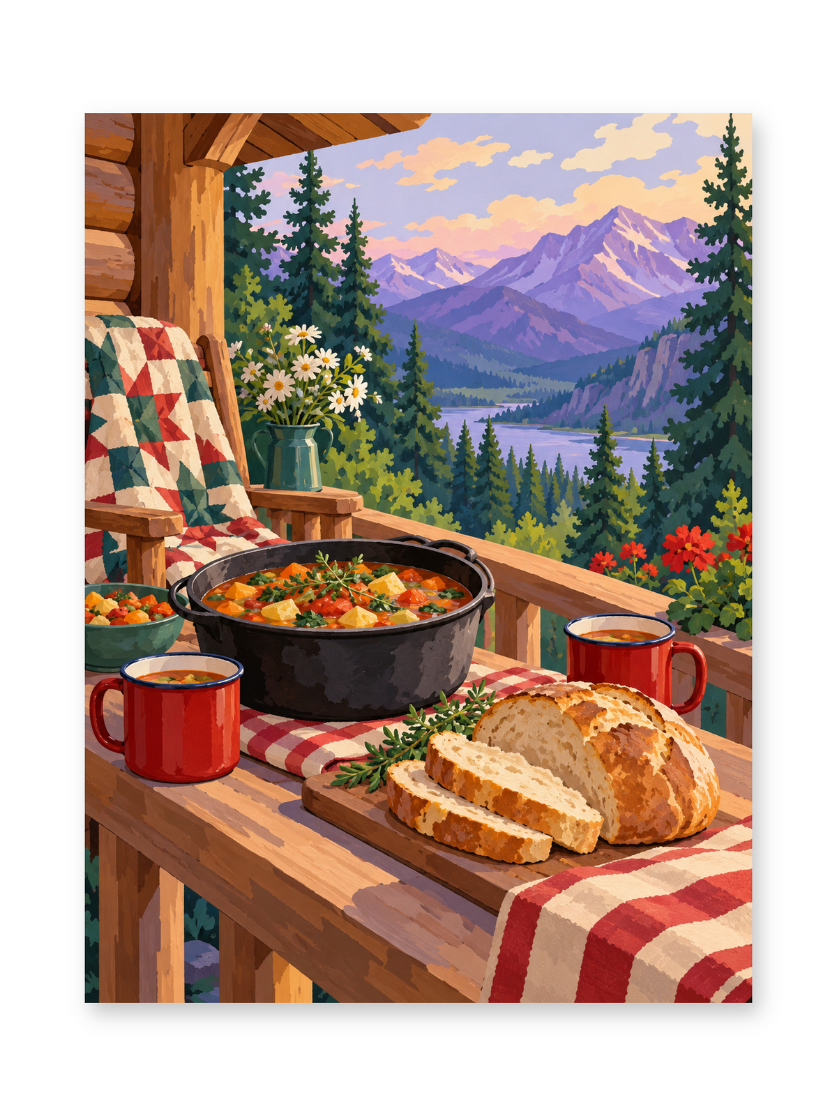 A pot of hearty food, sliced bread and red mugs on a checked table overlooking a mountain lake at sunset - paint by numbers artwork