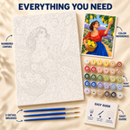 Orchard Sunshine paint by numbers kit showing numbered canvas, paint pots, three detail brushes, color reference and painting guide