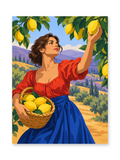 A woman in a red blouse and blue skirt picking lemons into a woven basket in a sunlit orchard - paint by numbers artwork