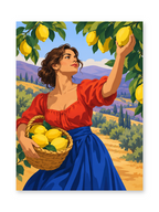 A woman in a red blouse and blue skirt picking lemons into a woven basket in a sunlit orchard - paint by numbers artwork