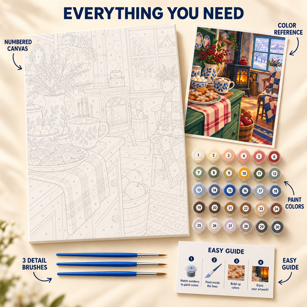 Winter Tea and Cookies paint by numbers kit showing numbered canvas, paint pots, three detail brushes, color reference and painting guide