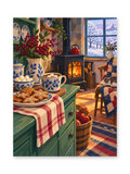 Patterned teacups and cookies on a checked table beside a glowing stove and a snowy cottage window - paint by numbers artwork