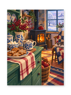 Patterned teacups and cookies on a checked table beside a glowing stove and a snowy cottage window - paint by numbers artwork
