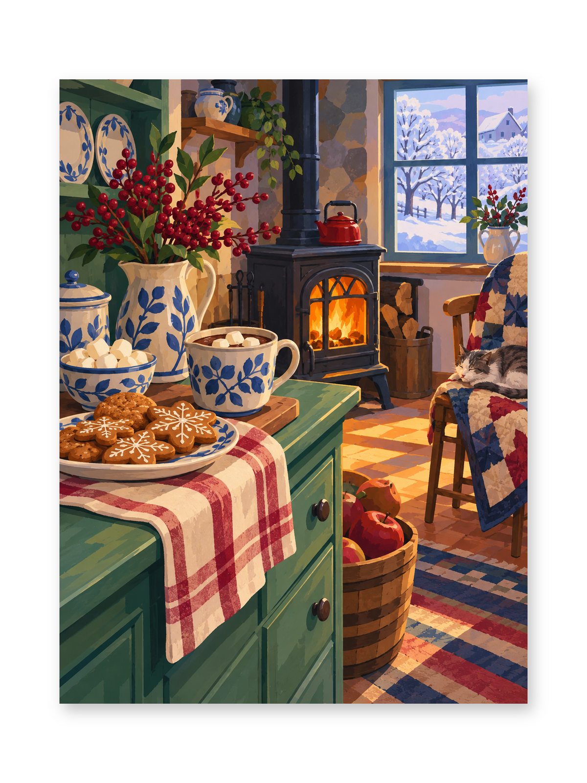 Patterned teacups and cookies on a checked table beside a glowing stove and a snowy cottage window - paint by numbers artwork