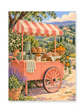 A pink market cart beneath a striped awning surrounded by plants, baskets and lavender with green hills beyond - paint by numbers artwork
