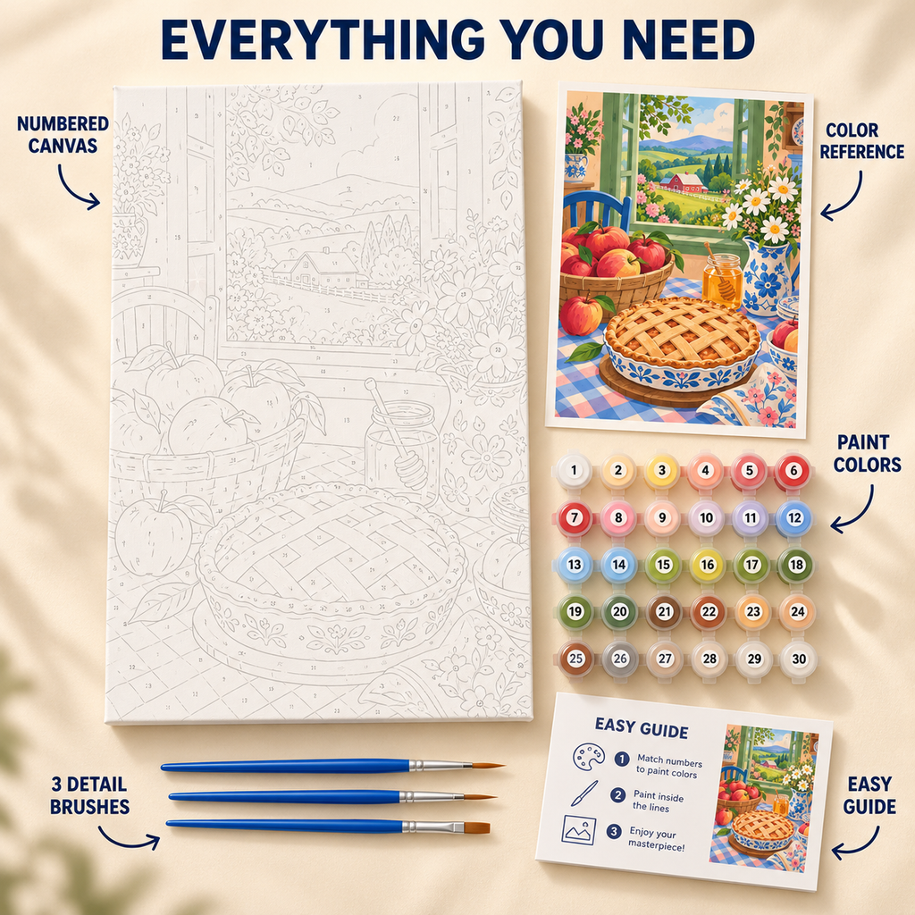 Apple Pie Window paint by numbers kit showing numbered canvas, paint pots, three detail brushes, color reference and painting guide