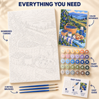 Blueberry Hillside paint by numbers kit showing numbered canvas, paint pots, three detail brushes, color reference and painting guide