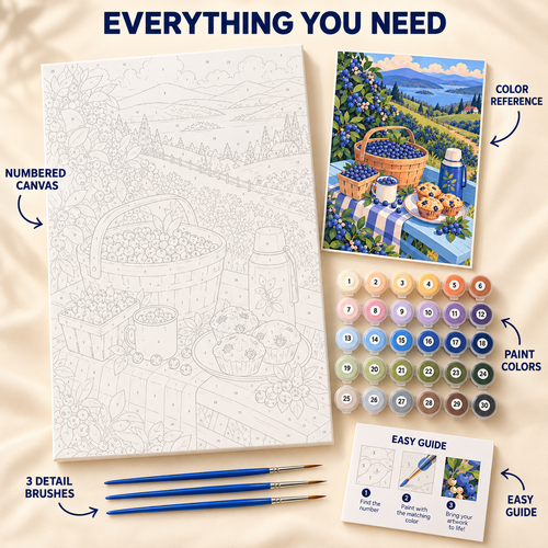 Blueberry Hillside paint by numbers kit showing numbered canvas, paint pots, three detail brushes, color reference and painting guide