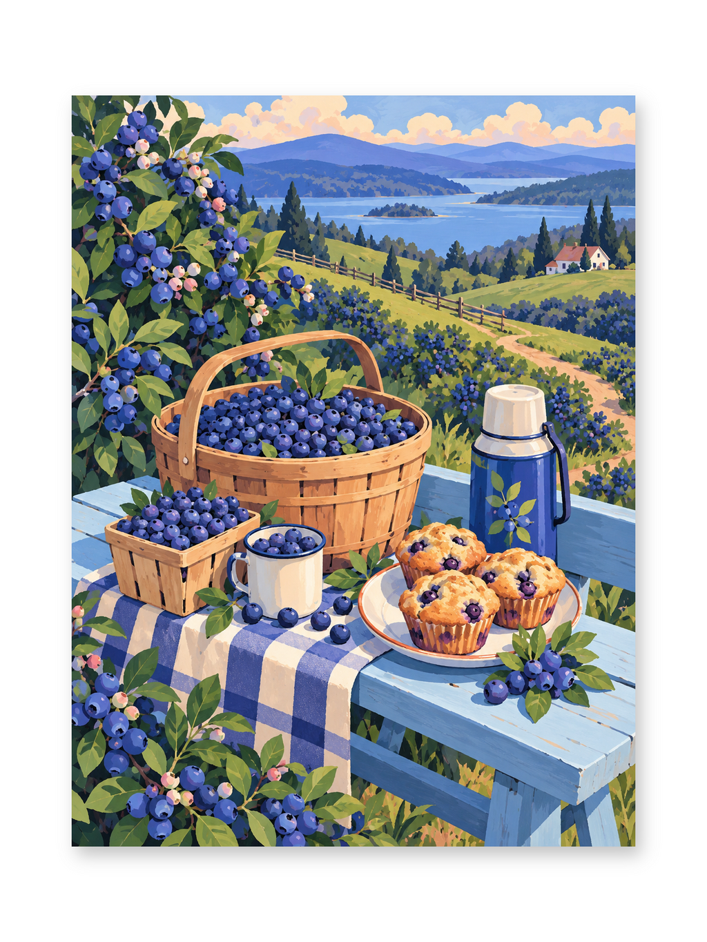 Fresh blueberries, muffins, patterned cups and a flask on a striped picnic table overlooking berry fields and blue hills - paint by numbers artwork