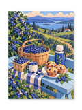 Fresh blueberries, muffins, patterned cups and a flask on a striped picnic table overlooking berry fields and blue hills - paint by numbers artwork