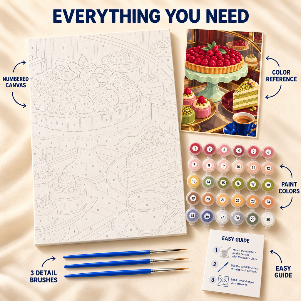 Patisserie Delight paint by numbers kit showing numbered canvas, paint pots, three detail brushes, color reference and painting guide
