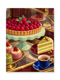 A raspberry tart, pastel cake slices and a dark espresso cup in a golden-framed bakery display - paint by numbers artwork