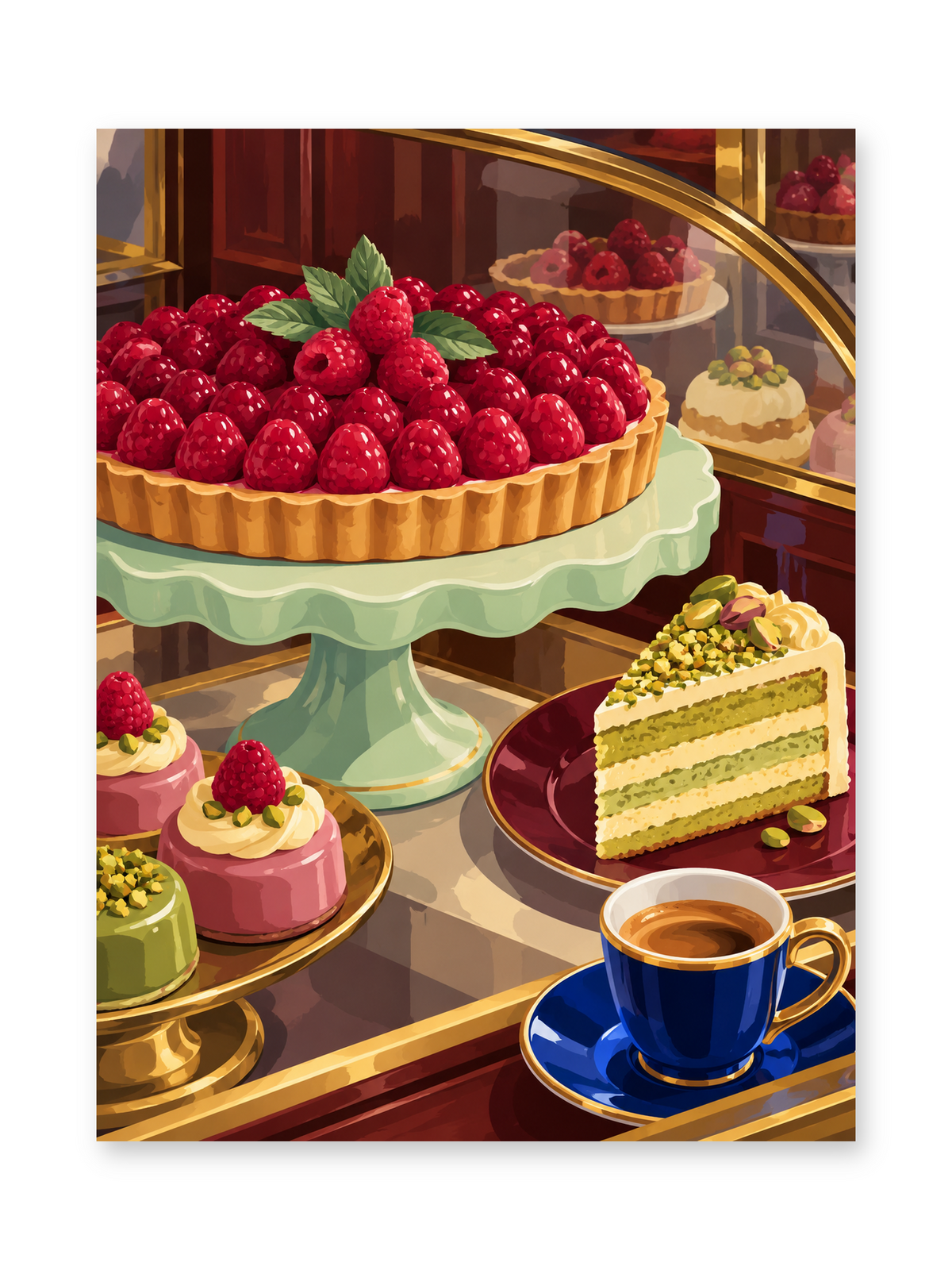 A raspberry tart, pastel cake slices and a dark espresso cup in a golden-framed bakery display - paint by numbers artwork