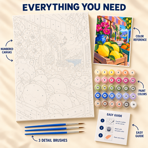 Citrus Market paint by numbers kit showing numbered canvas, paint pots, three detail brushes, color reference and painting guide