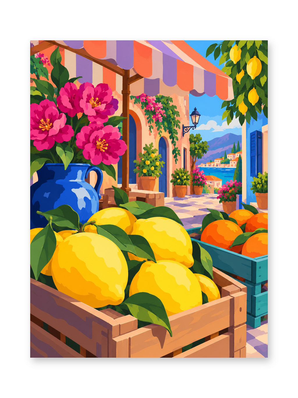 Crates of yellow lemons and oranges beside a blue jug of flowers beneath a striped market awning - paint by numbers artwork
