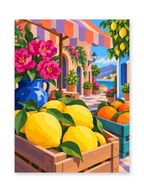 Crates of yellow lemons and oranges beside a blue jug of flowers beneath a striped market awning - paint by numbers artwork