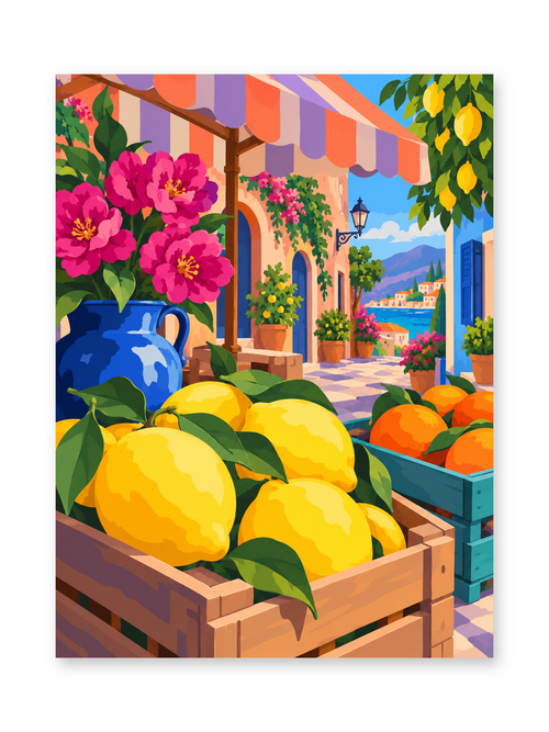 Crates of yellow lemons and oranges beside a blue jug of flowers beneath a striped market awning - paint by numbers artwork