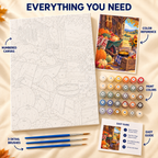 Harvest Kitchen paint by numbers kit showing numbered canvas, paint pots, three detail brushes, color reference and painting guide