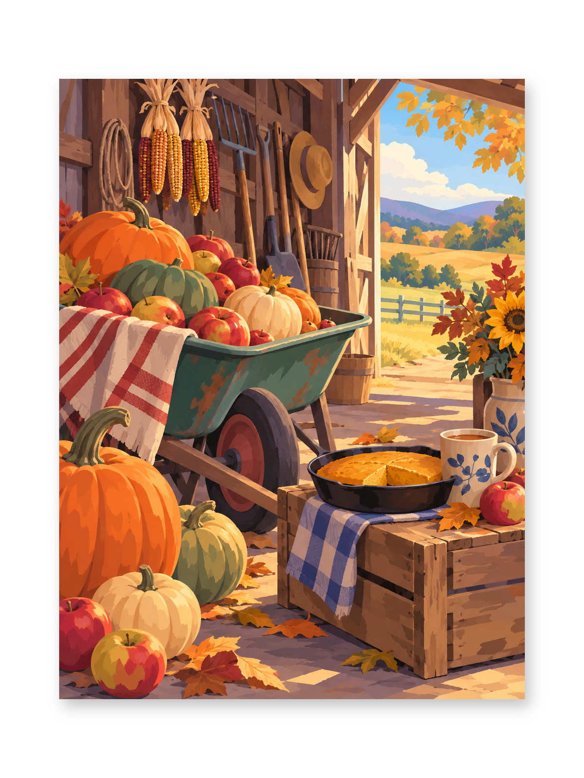 Pumpkins, vegetables and a steaming bowl beside a rustic barn doorway overlooking autumn fields - paint by numbers artwork