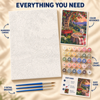 Orchard Pie Picnic paint by numbers kit showing numbered canvas, paint pots, three detail brushes, color reference and painting guide