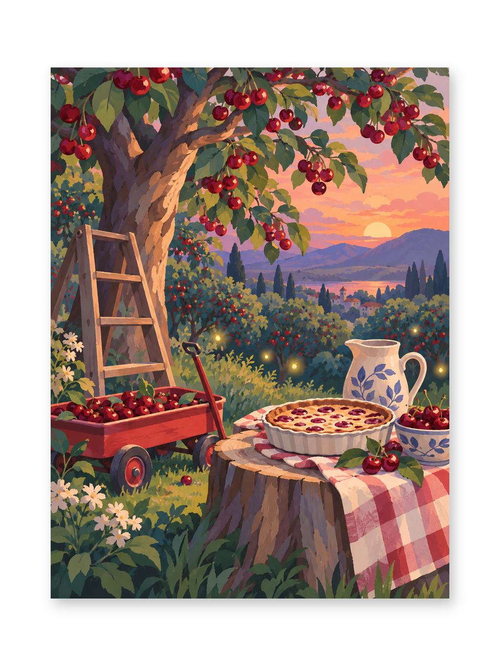 A fruit pie and patterned pitcher on a checked table beneath ripe apples with a ladder and wooden crates nearby - paint by numbers artwork