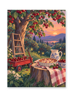 A fruit pie and patterned pitcher on a checked table beneath ripe apples with a ladder and wooden crates nearby - paint by numbers artwork