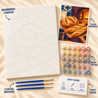 Warm Bakery Bread paint by numbers kit showing numbered canvas, paint pots, three detail brushes, color reference and painting guide