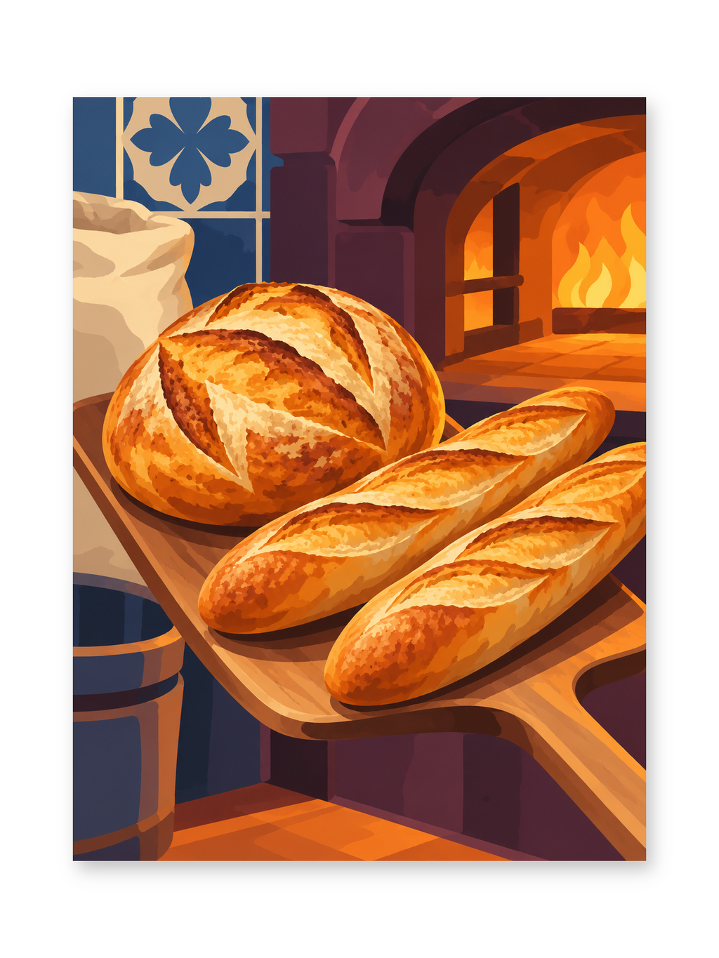 A round crusty loaf and two golden baguettes on a wooden board beside a glowing bread oven - paint by numbers artwork