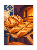 A round crusty loaf and two golden baguettes on a wooden board beside a glowing bread oven - paint by numbers artwork