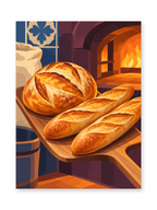 A round crusty loaf and two golden baguettes on a wooden board beside a glowing bread oven - paint by numbers artwork
