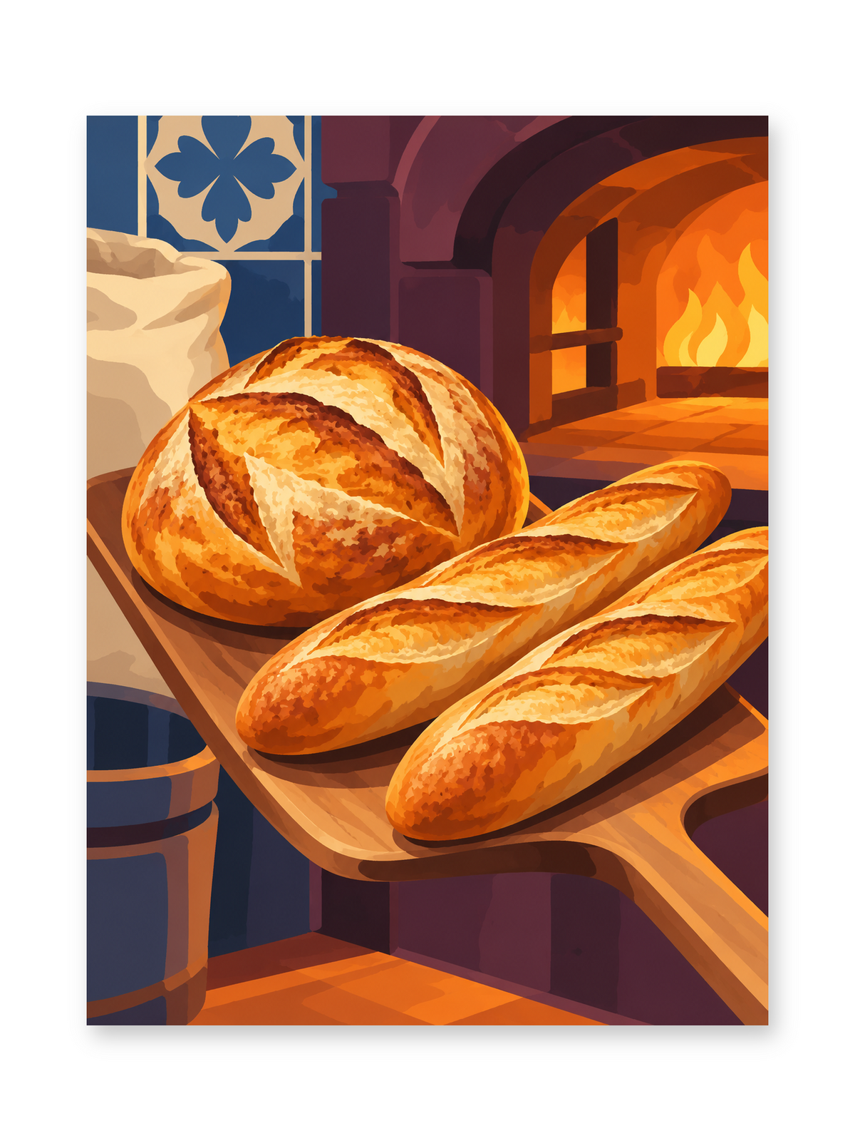 A round crusty loaf and two golden baguettes on a wooden board beside a glowing bread oven - paint by numbers artwork