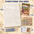 Vineyard Table paint by numbers kit showing numbered canvas, paint pots, three detail brushes, color reference and painting guide