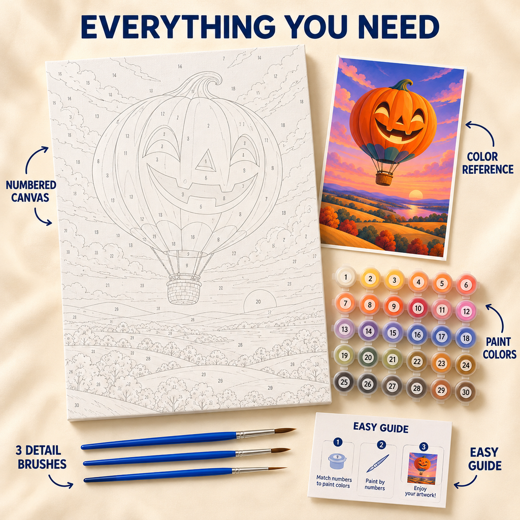 Pumpkin Balloon Halloween paint by numbers kit showing numbered canvas, paint pots, three brushes, color reference and guide