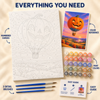 Pumpkin Balloon Halloween paint by numbers kit showing numbered canvas, paint pots, three brushes, color reference and guide