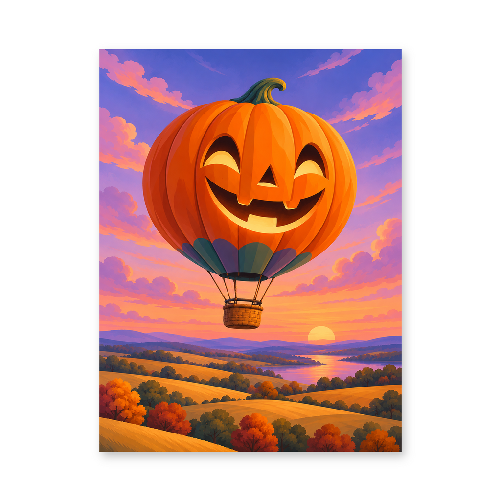 A smiling jack-o-lantern hot-air balloon floating over golden autumn hills at sunset - Halloween paint by numbers artwork