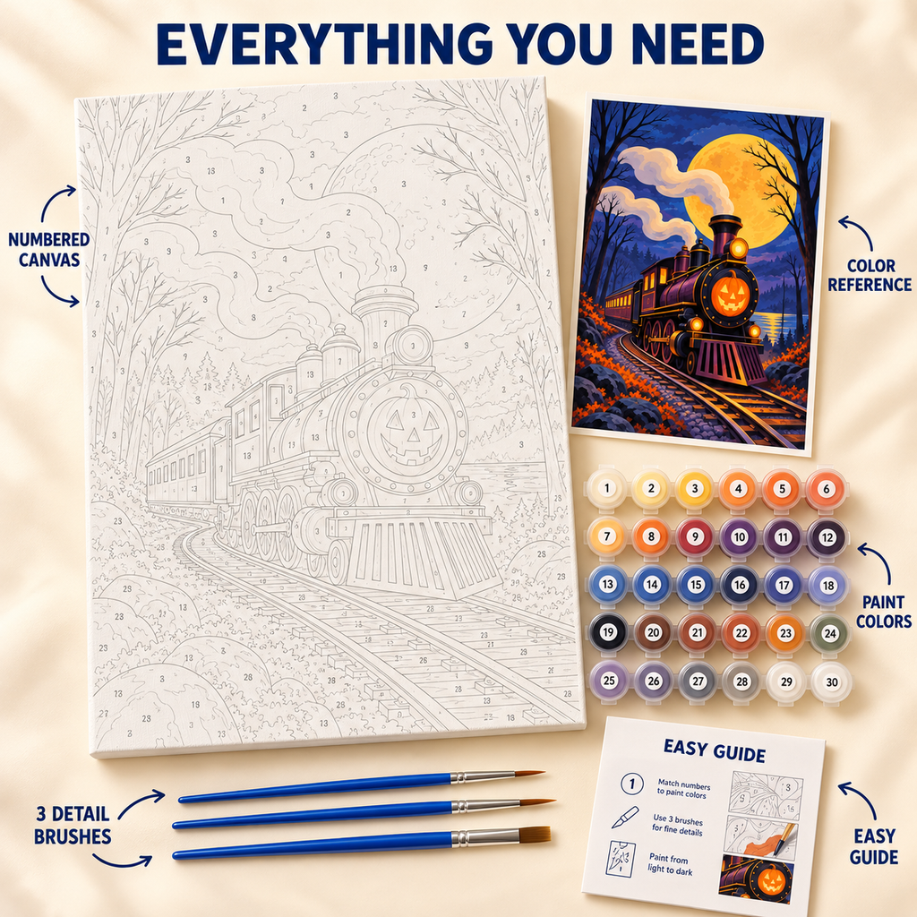 Midnight Express Halloween paint by numbers kit showing numbered canvas, paint pots, three brushes, color reference and guide