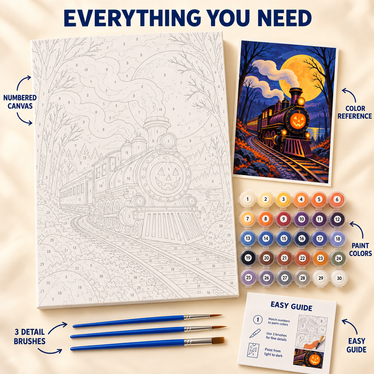 Midnight Express Halloween paint by numbers kit showing numbered canvas, paint pots, three brushes, color reference and guide