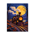 A black steam train with a glowing pumpkin on its engine traveling through an autumn forest beneath a full moon - Halloween paint by numbers artwork