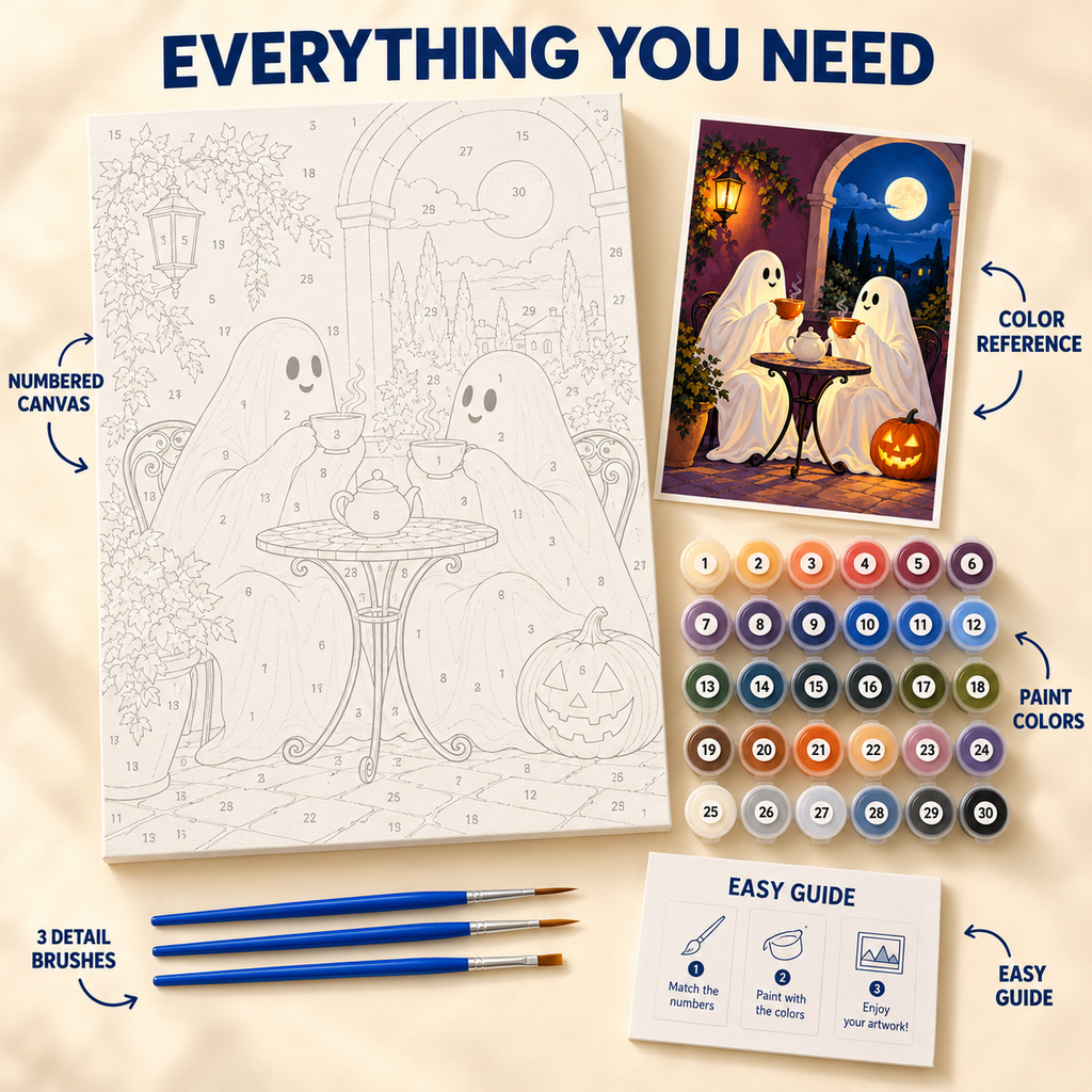 Ghost Tea Party Halloween paint by numbers kit showing numbered canvas, paint pots, three brushes, color reference and guide