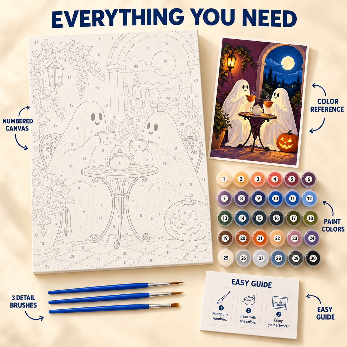 Ghost Tea Party Halloween paint by numbers kit showing numbered canvas, paint pots, three brushes, color reference and guide