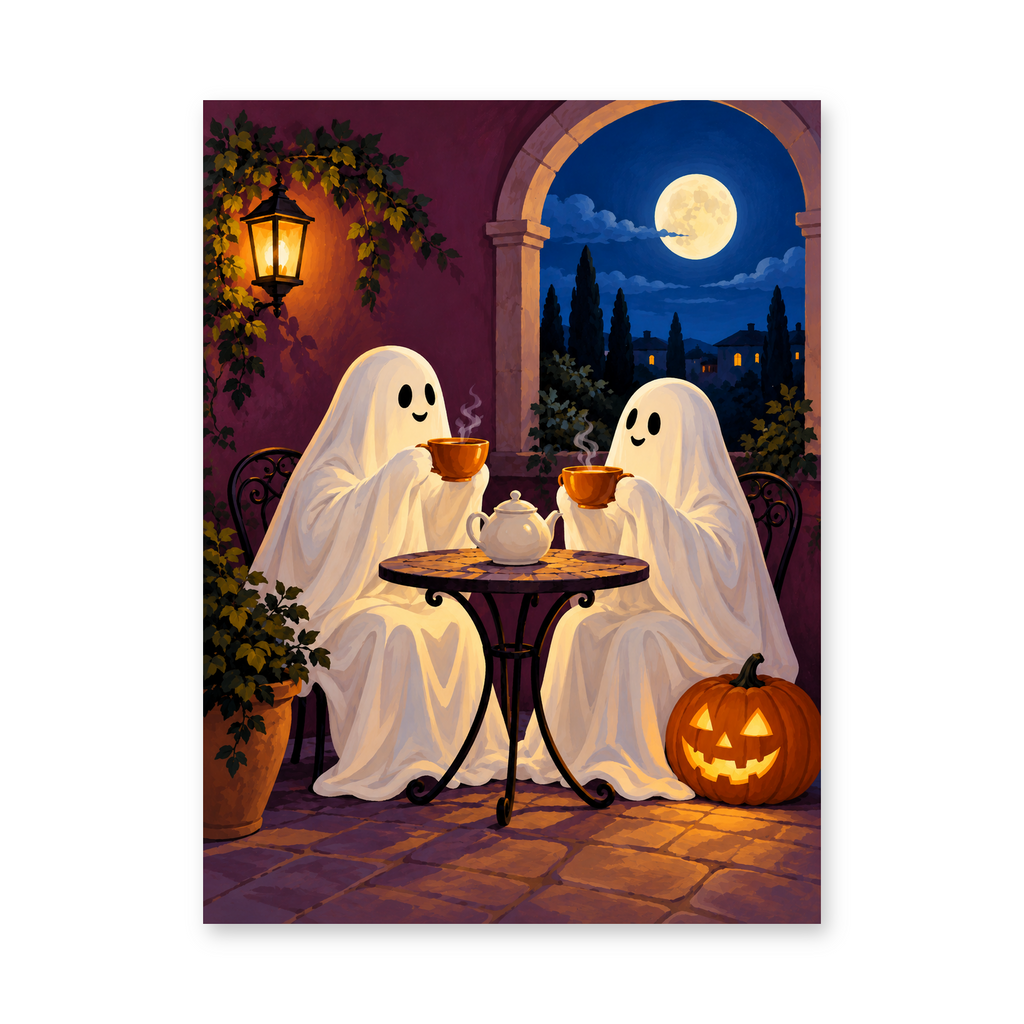 Two friendly ghosts sharing tea beneath a stone arch with a full moon and a glowing pumpkin nearby - Halloween paint by numbers artwork