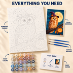 Moonlit Owl Halloween paint by numbers kit showing numbered canvas, paint pots, three brushes, color reference and guide