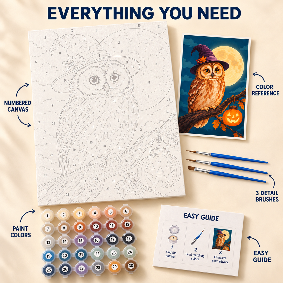 Moonlit Owl Halloween paint by numbers kit showing numbered canvas, paint pots, three brushes, color reference and guide
