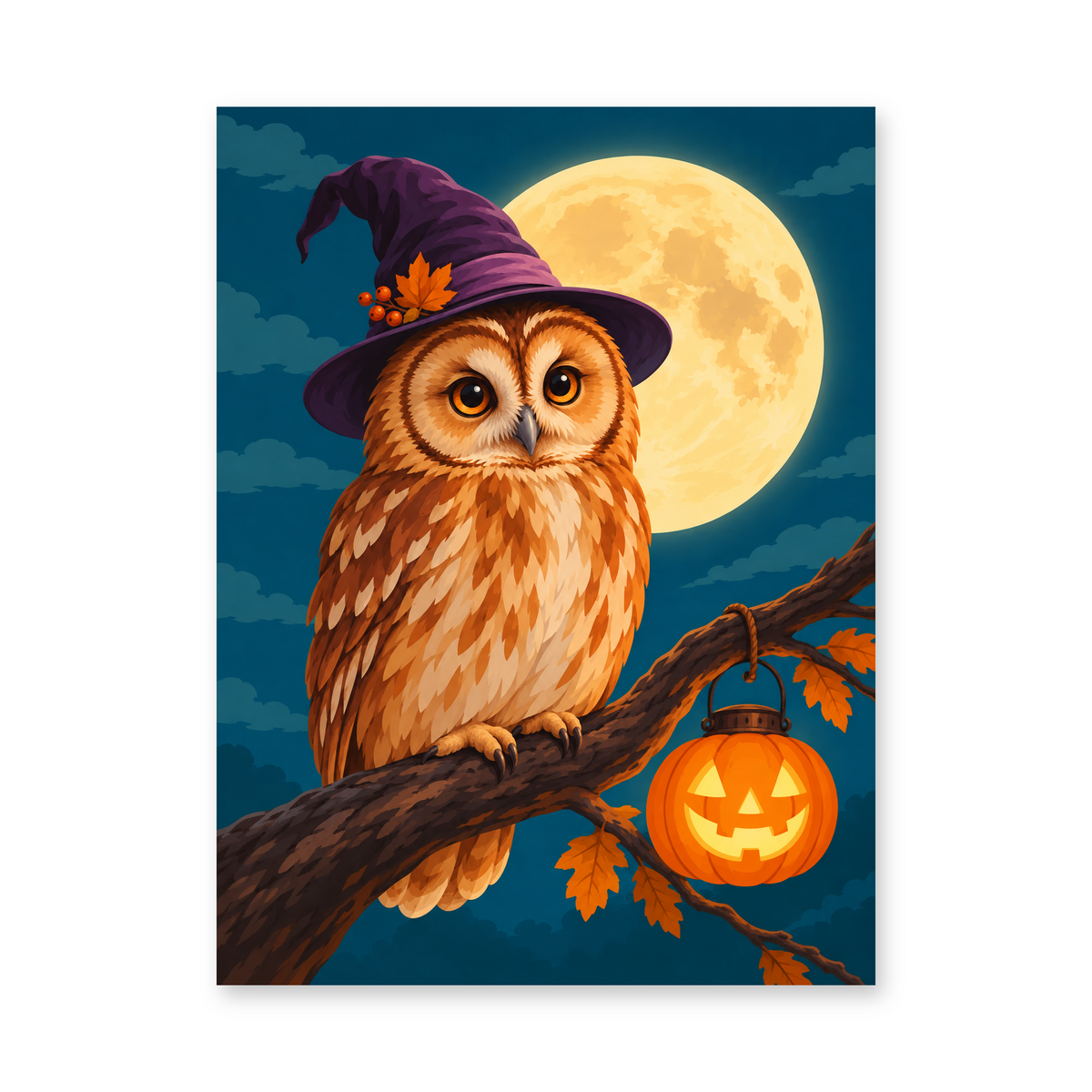 A brown owl wearing a purple witch hat perched beside a pumpkin lantern under a golden full moon - Halloween paint by numbers artwork