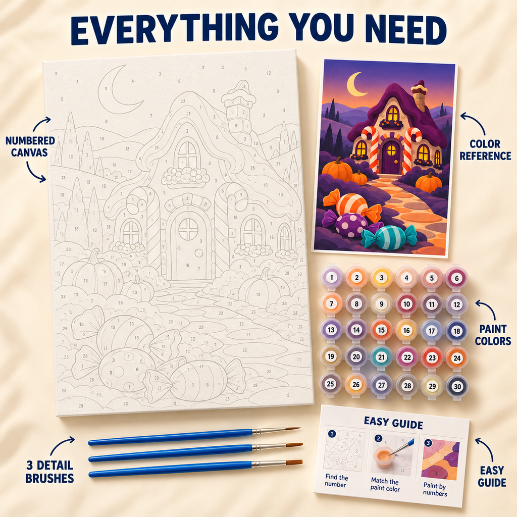 Candy Cottage Halloween paint by numbers kit showing numbered canvas, paint pots, three brushes, color reference and guide