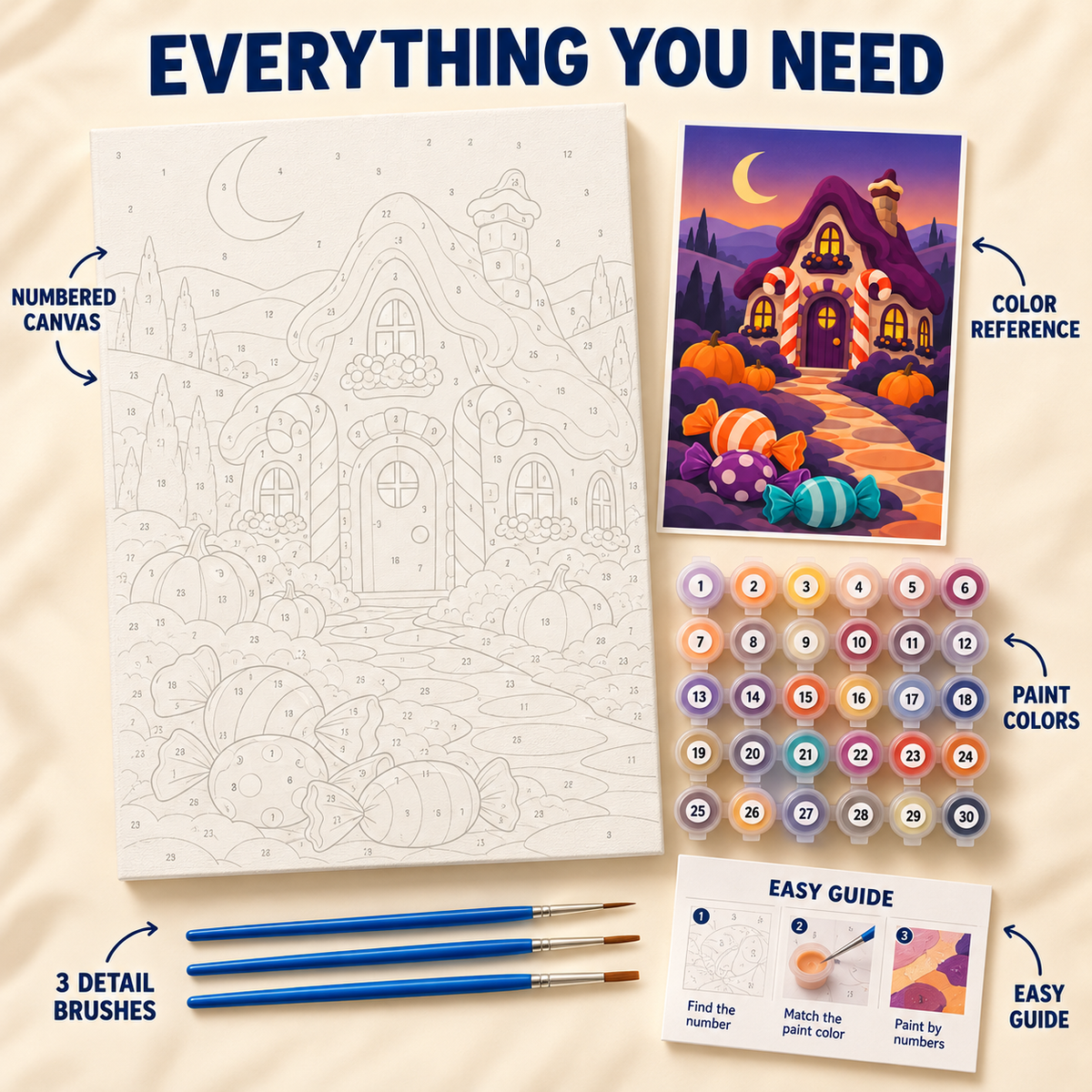 Candy Cottage Halloween paint by numbers kit showing numbered canvas, paint pots, three brushes, color reference and guide