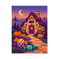 A whimsical purple cottage surrounded by pumpkins and colorful sweets beneath a crescent moon - Halloween paint by numbers artwork